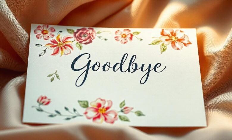 A Goodbye card with the word 'Goodbye' written in elegant cursive script. The card is decorated with colorful floral illustrations and placed on soft, peach-colored fabric with gentle folds.