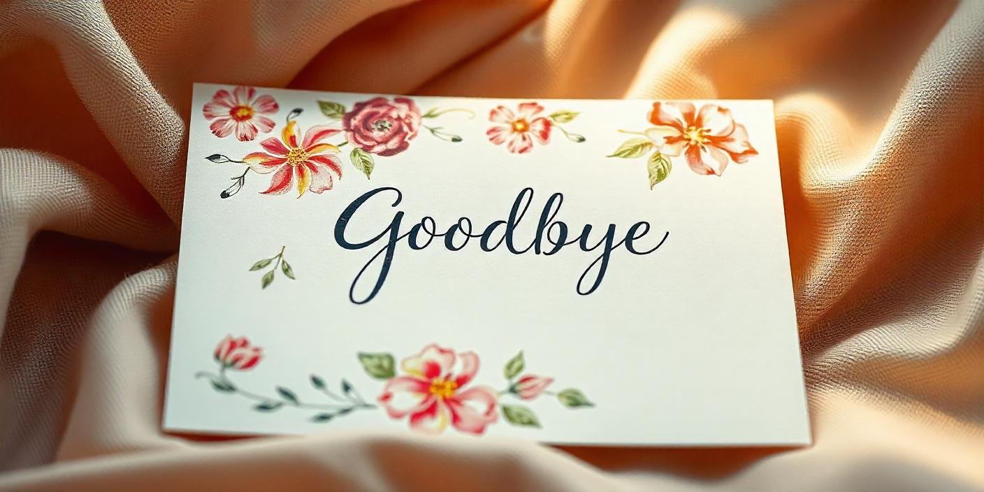 A Goodbye card with the word 'Goodbye' written in elegant cursive script. The card is decorated with colorful floral illustrations and placed on soft, peach-colored fabric with gentle folds.