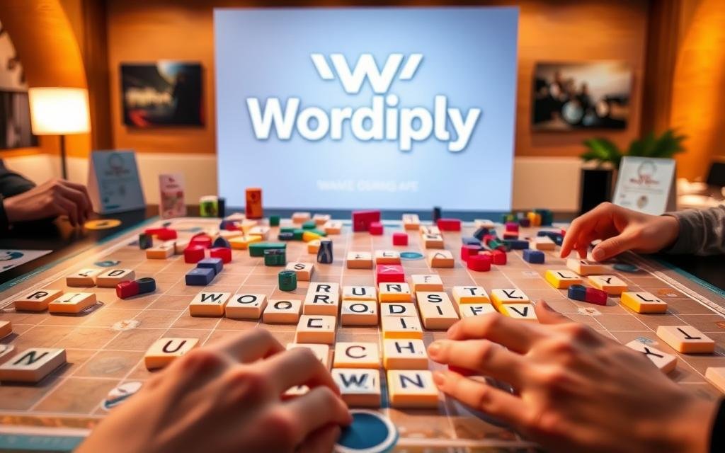 A vibrant and detailed Wordiply game board with various strategies and techniques displayed. In the foreground, letter tiles are arranged to form high-scoring words, with players' hands visible, showcasing the game's mechanics. In the middle ground, diverse game pieces and power-ups are scattered, hinting at the strategic depth. The background features a clean, minimalist design with the Wordiply logo prominently displayed, setting the tone for the game's modern and engaging aesthetic. Warm, inviting lighting casts a soft glow, and the overall composition conveys a sense of intellectual challenge and social interaction. A vibrant and detailed Wordiply game board with various strategies and techniques displayed. In the foreground, letter tiles are arranged to form high-scoring words, with players' hands visible, showcasing the game's mechanics. In the middle ground, diverse game pieces and power-ups are scattered, hinting at the strategic depth. The background features a clean, minimalist design with the Wordiply logo prominently displayed, setting the tone for the game's modern and engaging aesthetic. Warm, inviting lighting casts a soft glow, and the overall composition conveys a sense of intellectual challenge and social interaction.