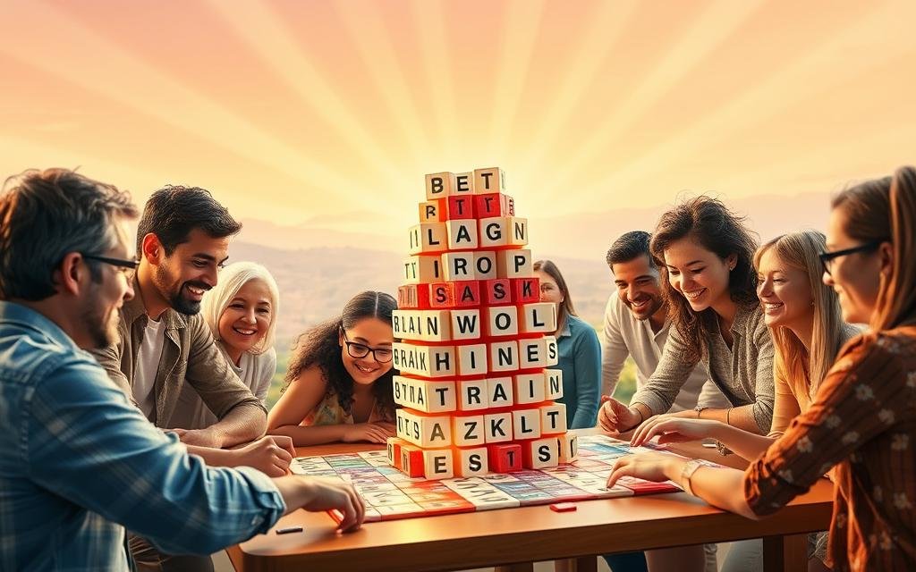 A vibrant, radiant scene depicting the "cognitive skills enhancement" associated with the Wordiply word game. In the foreground, a group of diverse individuals, both young and old, engaged in lively gameplay, their faces alight with focus and excitement. The middle ground showcases a towering, modular game board, its colorful tiles and intricate patterns hinting at the mental challenge within. In the background, a serene, pastel-hued landscape provides a calming backdrop, complementing the energetic foreground. Soft, warm lighting illuminates the scene, casting a sense of wonder and discovery. The overall composition conveys the intellectual stimulation and social engagement that Wordiply promises to deliver. A vibrant, radiant scene depicting the "cognitive skills enhancement" associated with the Wordiply word game. In the foreground, a group of diverse individuals, both young and old, engaged in lively gameplay, their faces alight with focus and excitement. The middle ground showcases a towering, modular game board, its colorful tiles and intricate patterns hinting at the mental challenge within. In the background, a serene, pastel-hued landscape provides a calming backdrop, complementing the energetic foreground. Soft, warm lighting illuminates the scene, casting a sense of wonder and discovery. The overall composition conveys the intellectual stimulation and social engagement that Wordiply promises to deliver.